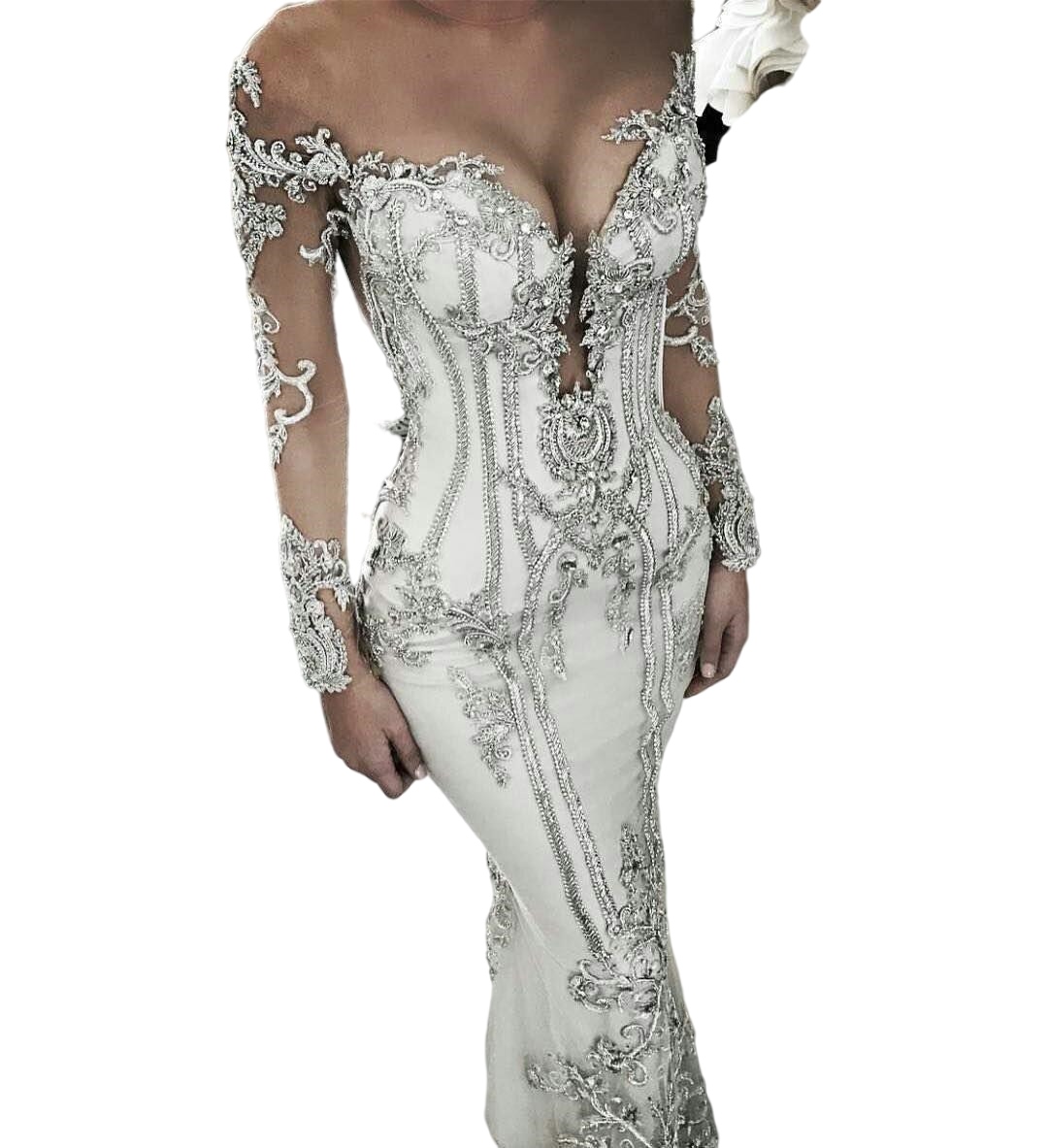 2022 illusion Long Sleeve Mermaid Wedding Dresses Crystal Beaded Luxury Plus Size Bridal Dress Sweep Train Sheer Jewel Neck Vestido De Novia