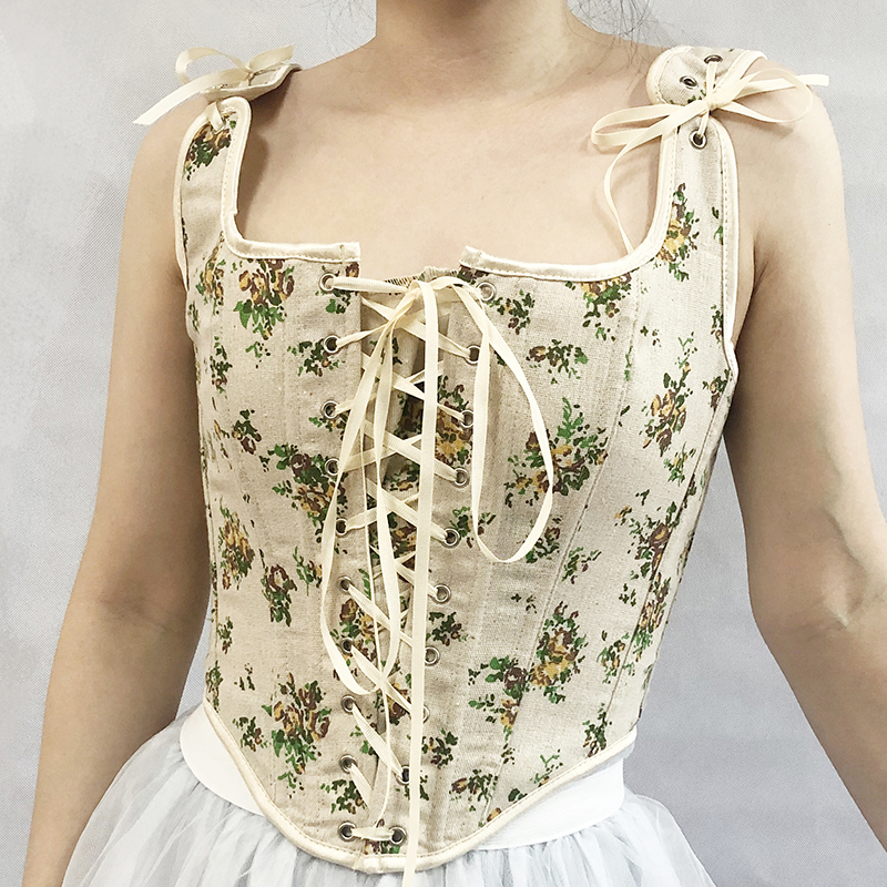 Women Floral Corset Crop Tanks Fashion Linen Yellow Rose Flower Printed Tupe Tops Vintage Plastic Boned Overbust Bustier Camis Cyber Baby Tee Ropa Fai