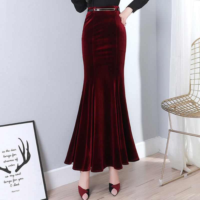 plus size 5XL! Autumn Vintage Velvet Black Maxi Long Mermaid Skirt Fashion Women Elegant Velour Skirts With Belt 220322