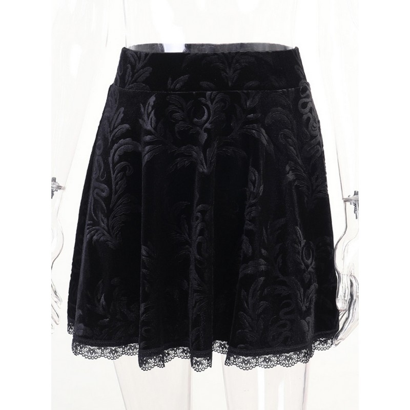 Womens Mini Velvet Skirt with Lace Trim Black Gothic Y2K Grunge High-waist A-line Skirts 90s Vintage Women E-girl Clothes S/M/L
