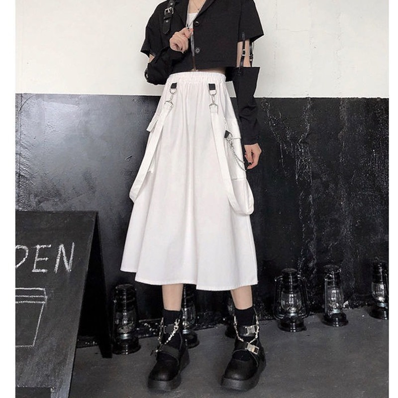HOUZHOU Gothic Long Skirt Women Mall Goth Punk Chain Pocket Loose Strap Black High Waist Midi Grunge Harajuku Streetwear 220322