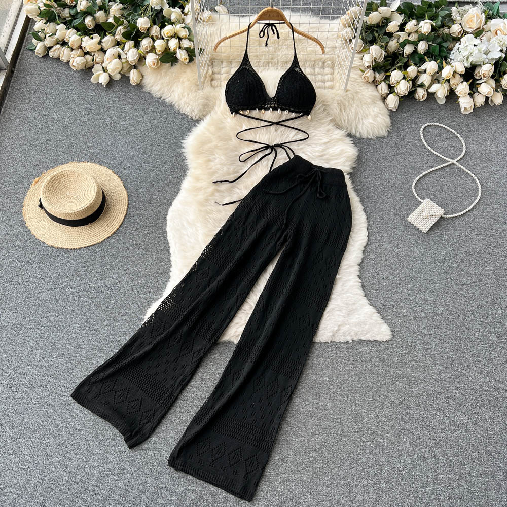 New Womens sexy beach halter neck knitted padded bustier bra and wide leg elastic waist long pants 2 pcs set