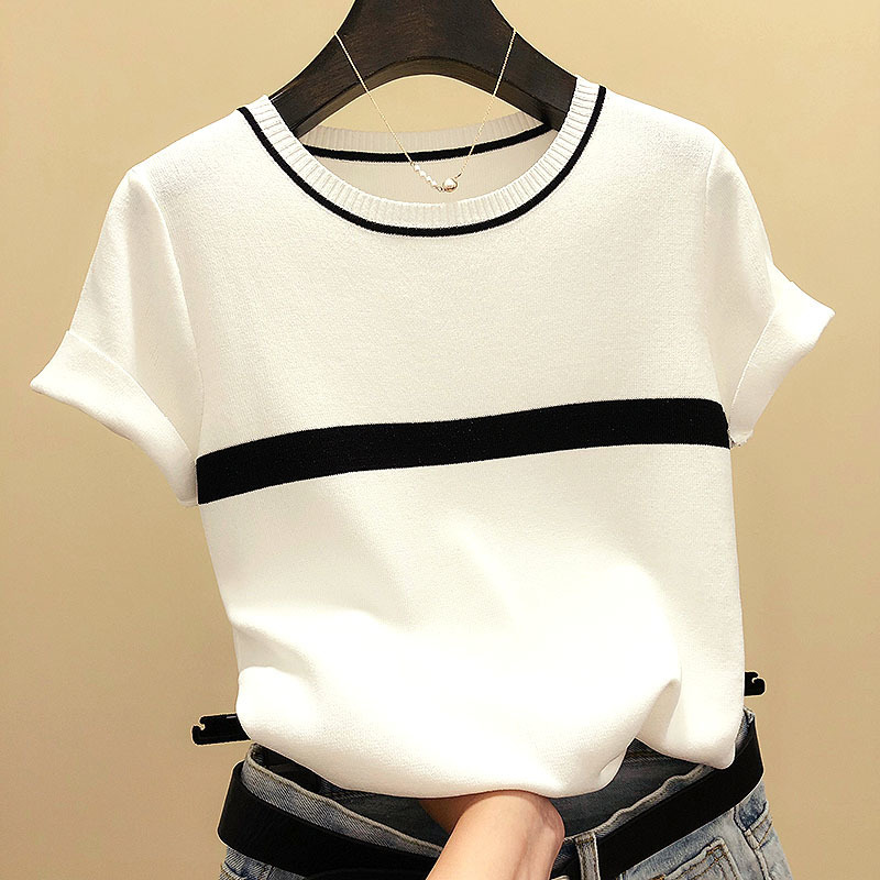 shintimes Thin Knitted T Shirt Women Clothes Summer Woman Short Sleeve Tees Tops Striped Casual T-Shirt Female Tshirt Femme 220321