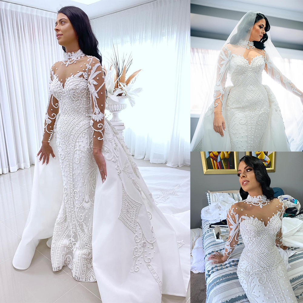 3D Floral Mermaid Wedding Dress 2022 Long Sleeve Sheer High Neck Sexy Backless Boho Dresses Bridal Gowns Robe De Mariage Vestido Novia