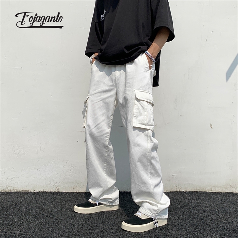 FOJAGANTO Spring Mens Cargo Pants Korean Solid Color MultiPockets Straight Hip Hop Street Casual Loose Trousers Male 220810