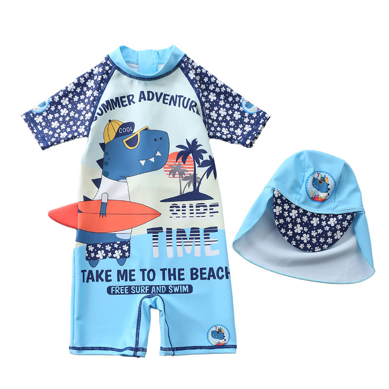 Swimsuit Kids SPF50+ Bathing Suit for Children Boys Dinosaur Print Baby Boy Swimwear with Hat Pool Surf Beach Wear 220426