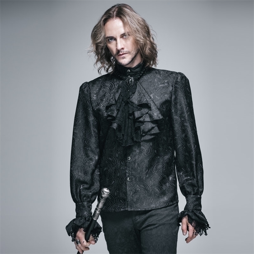 Devil Fashion Gothic Shining Men's Tie Shirt Steampunk Black White Gorgeous Pattern Long Sleeves Shirts Male Casual Blouse Tops 201124
