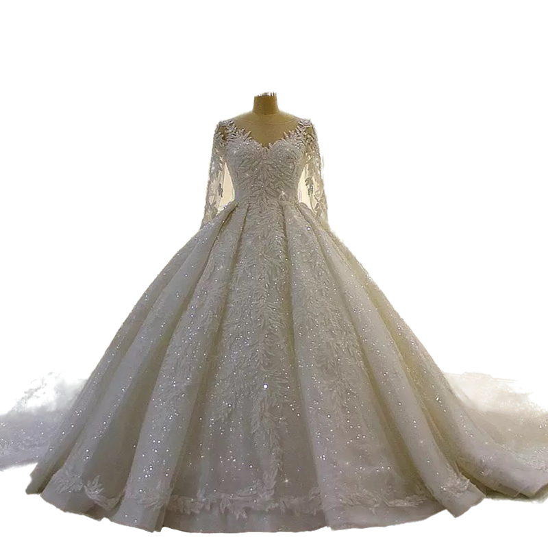 Luxury Long Sleeve Sequined Ball Gown Wedding Dresses Chapel Train Lace Appliqued Glitter Bridal Gowns Open Back Lace-Up Church Bride Dress Robe De Ma