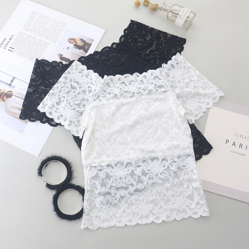 1piece Wommen Sexy Lace Off Shoulder Crop Tops With Bra Short Sleeve Bare Crochet Top Female Cotton T Shirt 220714