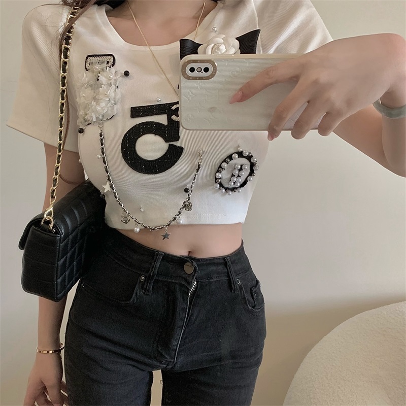 O Neck Short Sleeve Chain Pearl Three-dimensional Flower Tshirts Women Summer Loose Retro Graphic Aesthetic Harajuku Tees Top 220321