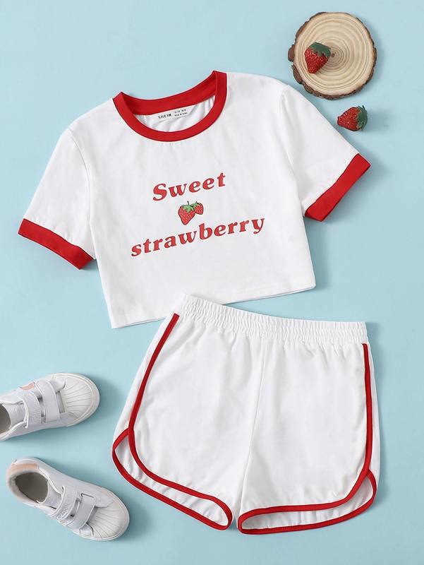 Girls Letter Graphic Ringer Tee and Dolphin Shorts Set SHE