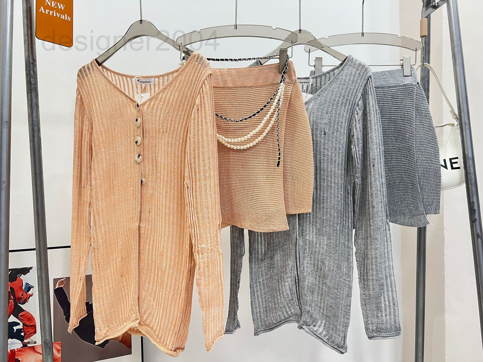 Women's Two Piece Pants designer Wuuus regular salmon with waist chain knitted pit stripe top women's half skirt set two piece looks thin MJE9