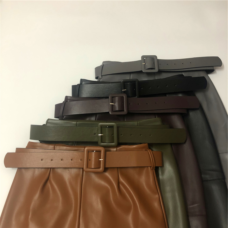 REALEFT PU Leather Wrap Midi Skirts with Belt Spring Autumn Women High Waist OL Style Pencil Back Split Female 220317