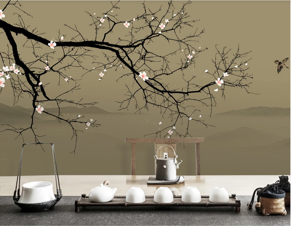 Wall covering custom large wallpaper new Chinese style hand-painted plum landscape background wall
