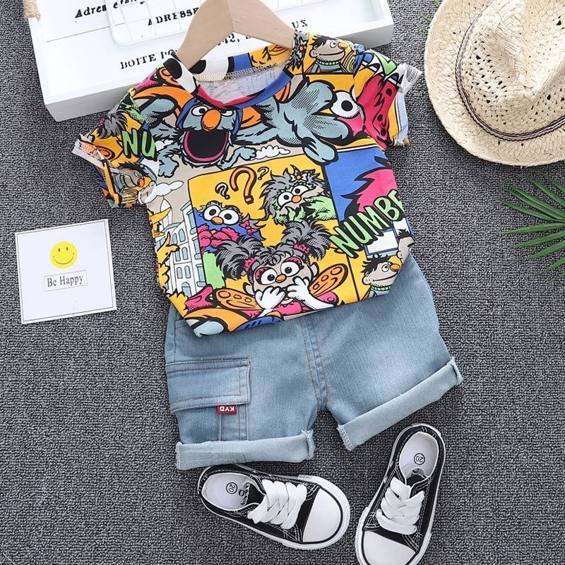 Cool Kid Boys Summer Clothes Outfit With Sunhat Fashion Graffiti Short-sleeved T-shirt Denim Shorts Set Children Pants Clothing 220509