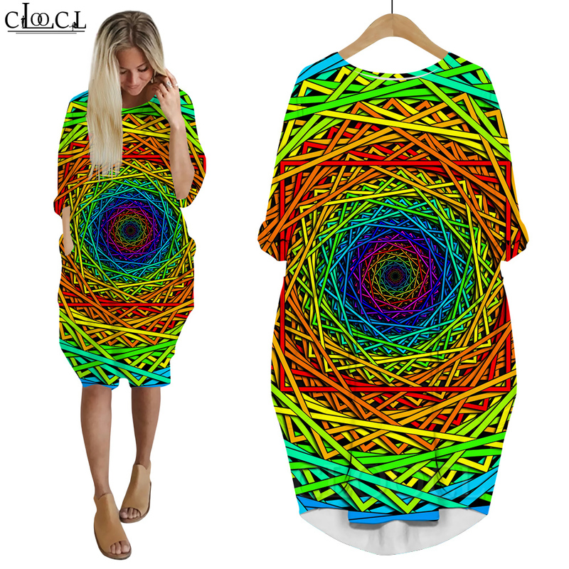 Women Dress Graffiti Visual Vertigo 3D Print Loose Daughter Dresses for Woman Casual Long Sleeve Female Gown Pocket Dress W220616