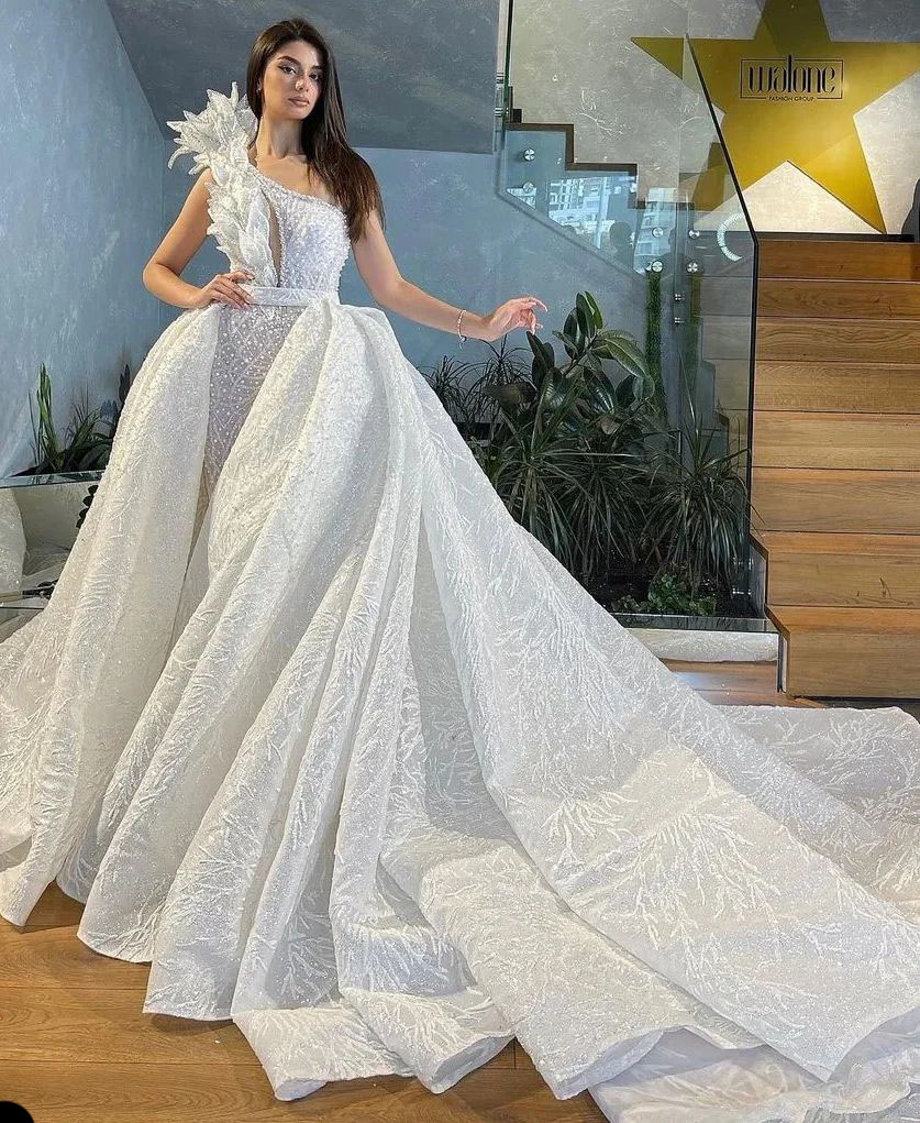 3D Floral Appliques Mermaid Wedding Dress One Shoulder Pearls Beading Vestido Casamento Lace Flowers Bridal Gowns with Detachable Train