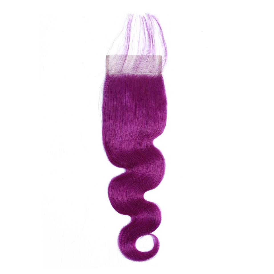 4x4 Transparent Lace Closure Only Violet Purple Human Hair Pre-plucked Brazilian Body Wave Remy Hair