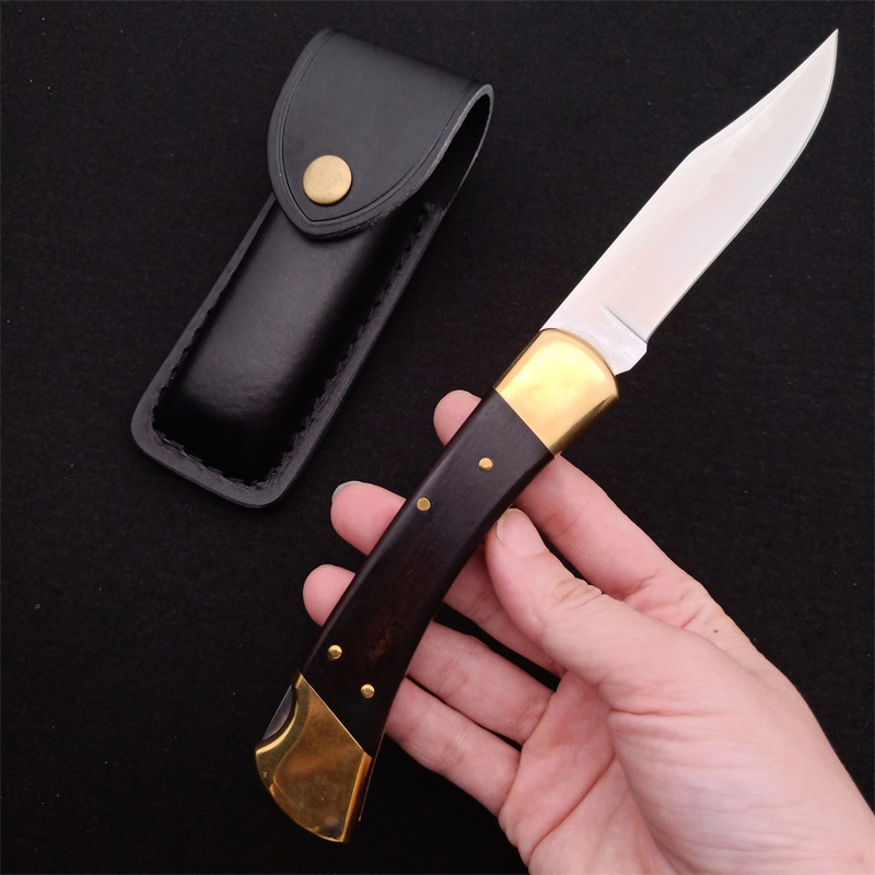 New Classic 110 Push Button Quick Opening Tactical Folding Knife D2 Satin Blade G10 with Brass Head Handle EDC Pocket Knives With Leather Sheath and N