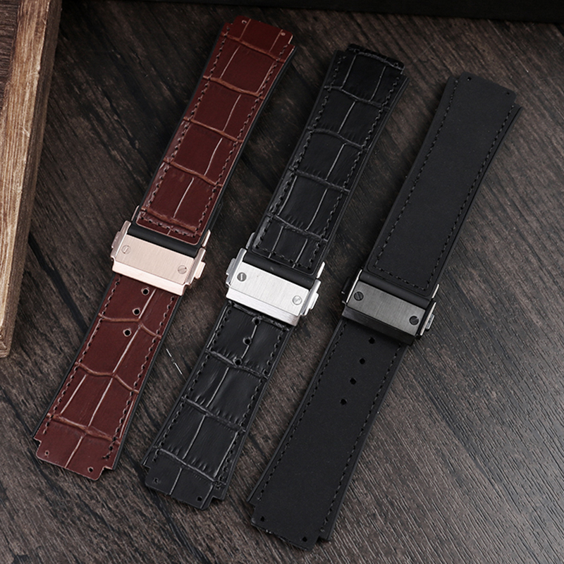 For Hublot strap BIG BANG Watchband stainless buckle free tool Men real cow leather Rubber Watchband 26x19mm Brown Black 220622