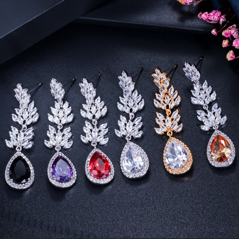 trendy dangle earring designer for woman long white red purple zirconia copper gold silver diamond earrings South American Wedding Engagement Jewelry 