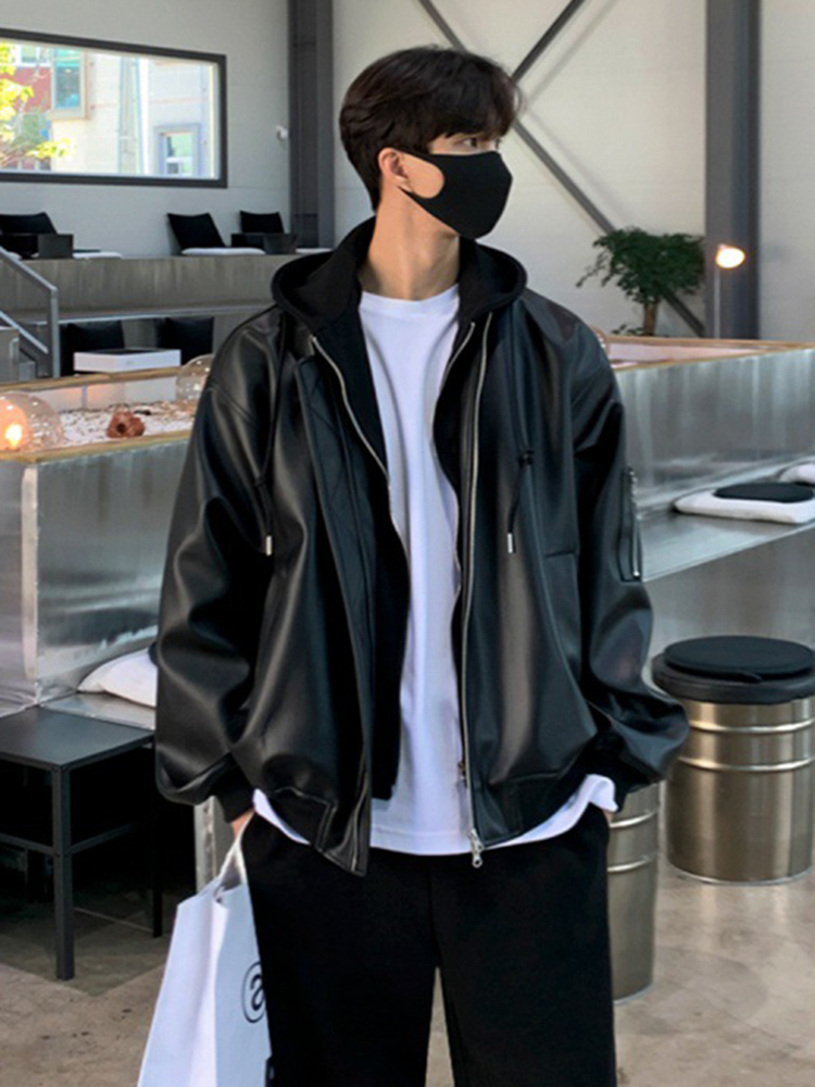 IEFB PU Leather Men's Splicing Hooded Jacket Korean Loose Fashion Solid Color Casual Temperament Zipper 9A1507 220816