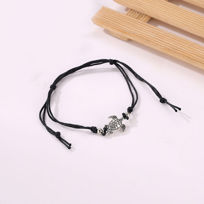 Adjustable Bohemian Ancient Silver Sea Turtle Anklet Bracelet Chain for Women Blue Black Wish Braided Rope Foot Chain Ankle Bracelets Summer Ocean Bea