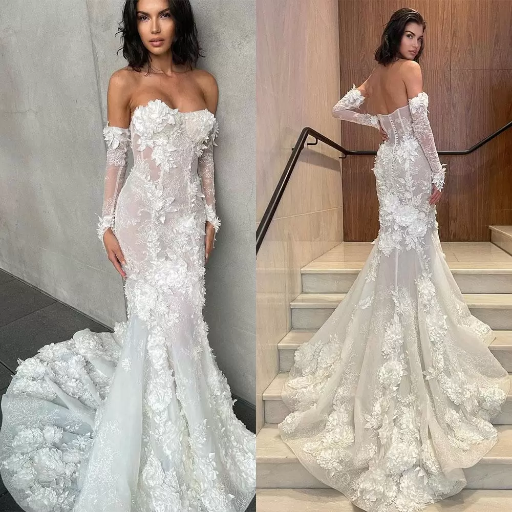 Gorgeous Wedding Dresses Mermaid Bridal Gown With Detachable Long Sleeves Illusion Bodice D Ral Applique Sweetheart Necke Pleats Custom Made Plus Size