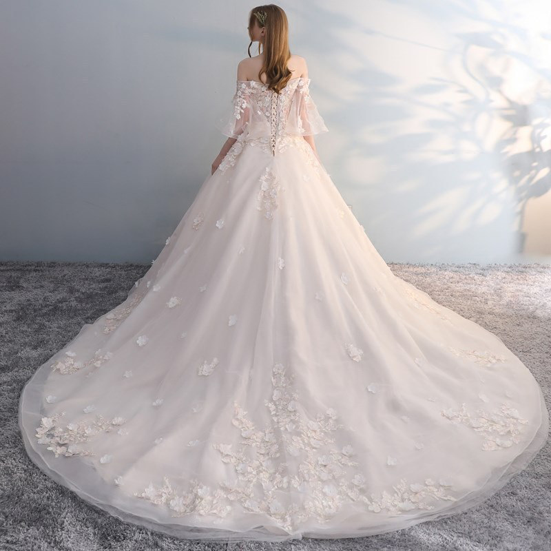 Princess Boho Florals Wedding Dress 2022 Puff Sleeves Beaded Flower Bohemian Lace Wedding Gowns A Line Korean Bride Bengalas Country vestidos de novia