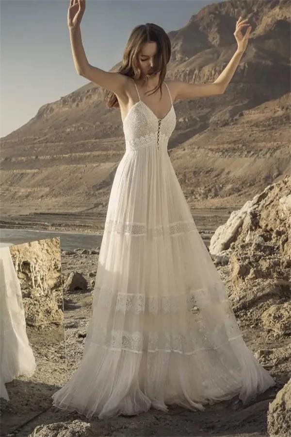 Inbar Freiman Bohemian 2022 Wedding Dress Tulle Long Spaghetti Strap Neck Beaded Lace Bridal Dresses A Line Wedding Gowns Vestido de Noiva