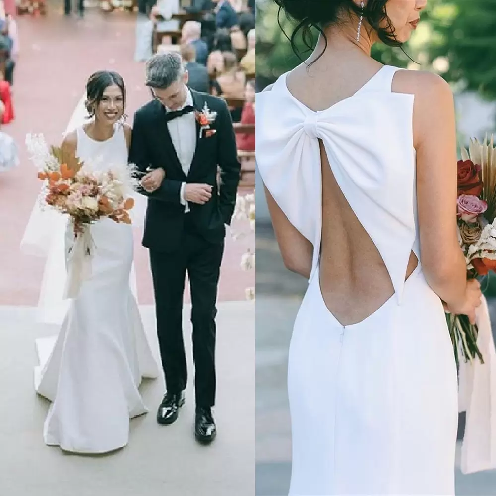 2022 Mermaid Wedding Dresses Satin Sexy Backless Beach Sleeveless Bow Jewel Neck Sweep Train Custom Made Boho Wedding Gown vestidos de novia, Gold 
2022 Mermaid Wedding Dresses Satin Sexy Backless Beach Sleeveless Bow Jewel Neck Sweep Train Custom Made Boho Wedding Gown vestidos de novia, Gold