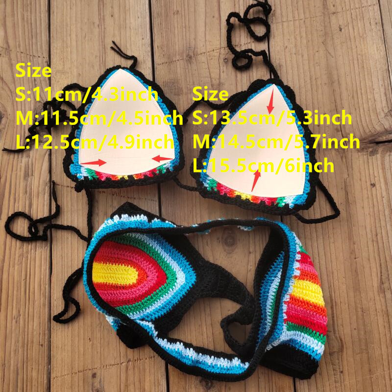 Handmade Crochet Bikini Set Rainbows Rasta Tassel Women Swimwear Push UP Sexy Swimsuit Vacation 220611gx