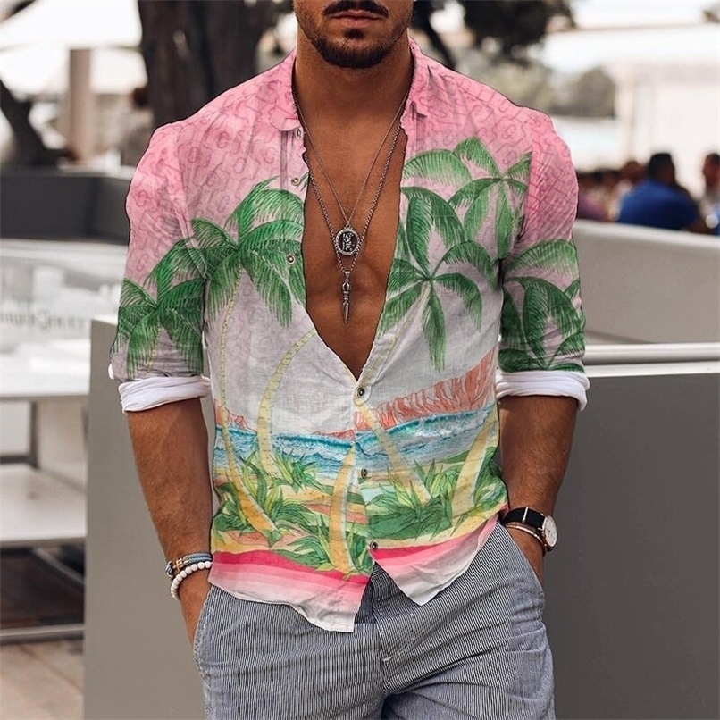 Vintage Floral Printed Casual Shirt Men Spring Summer Slim Long Sleeve Beach Shirts Fashion Mens Buttoned Lapel Tops Streetwear 220322
