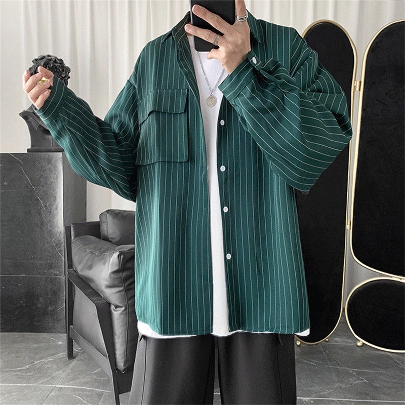 Striped shirt jacket men women Hong Kong style Japanese casual oversize trend black unisex gothic long-sleeved autumn tops 220322