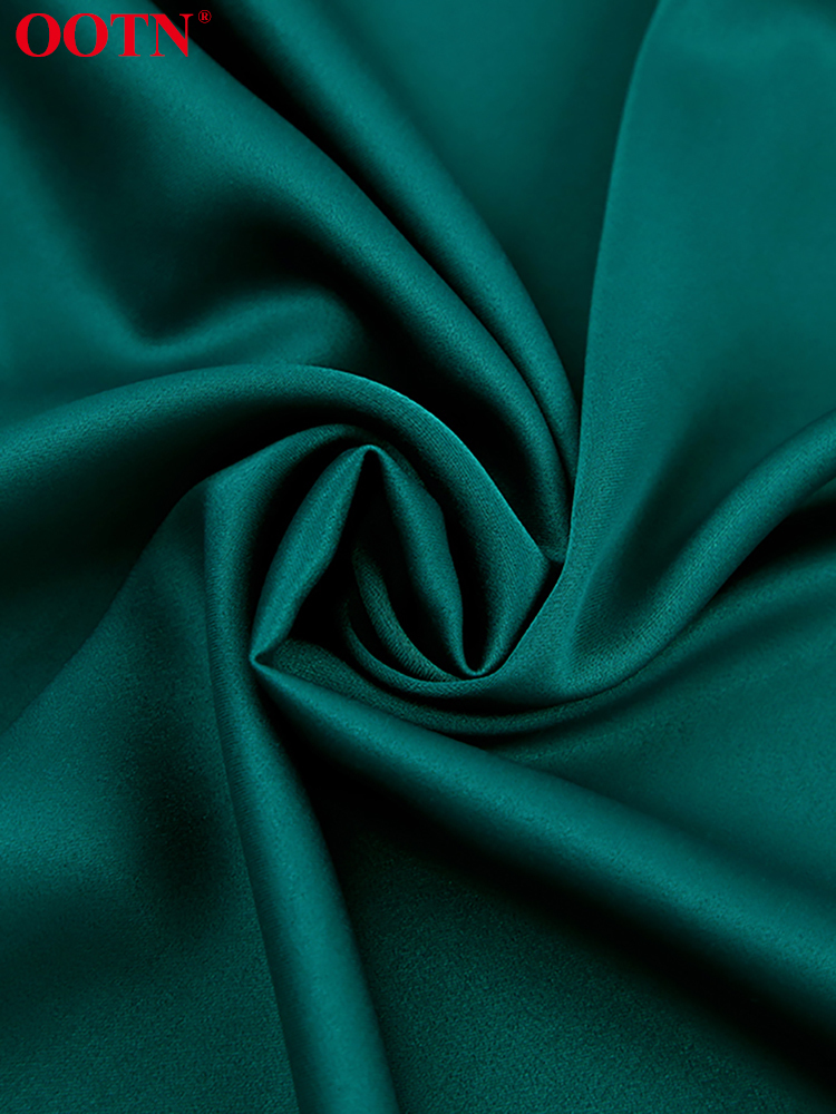 OOTN V-Neck Satin Wrap Elegant Long Dress Women Fashion Green Summer A-Line Mid-Cal Dresses Split Sexy Dress Office Lady 220511