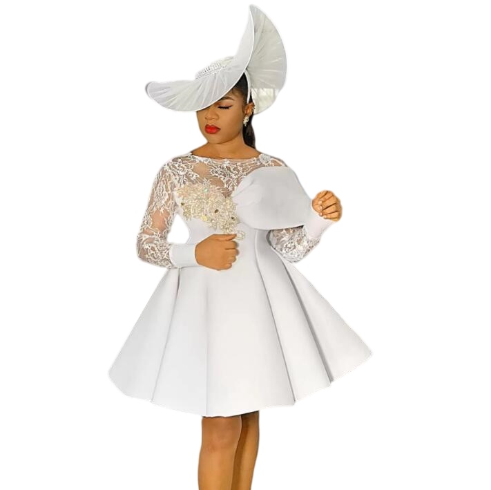 Little white dress Short Cocktail Dress With Sheer Neck Beads Appliques Long Sleeves Mini Prom Dress Formal Party Aso Ebi Vestidos