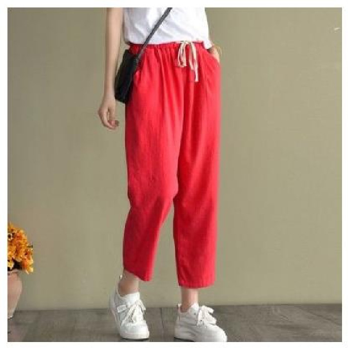 Autumn Cotton Linen Pants Women Loose Classic White Mid Waisted for Solid Calf-length Pink Pencil Trousers 220325