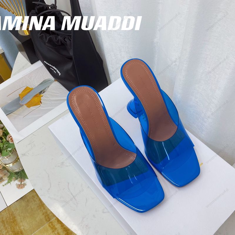 Luxury Designer Amina Muaddi sandals New clear Begum Glass Pvc Crystal Transparent Slingback Sandal Heel Pumps Naima embellished royalblue Mules slippers shoes