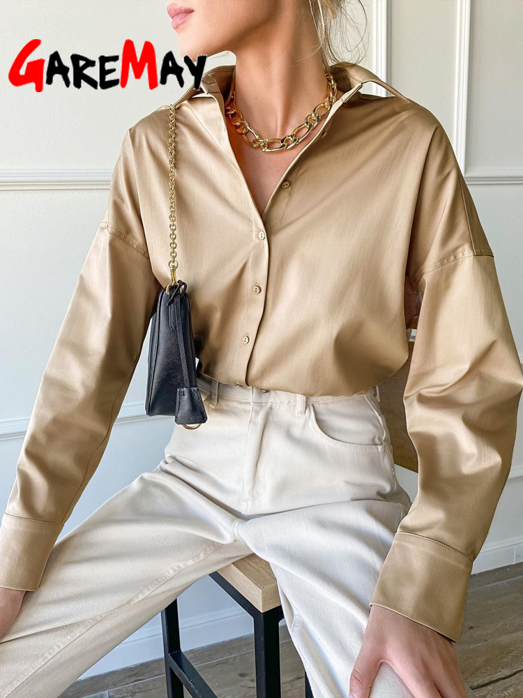 White Women's Oversize Shirt Cotton 100% Blouse Elegant Autumn Khaki Basic Top Collar Long Sleeve Beautiful Blouses Vintage 220407Z
