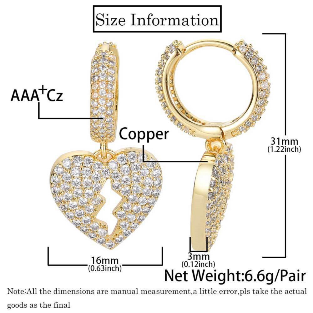 Hip Hop Heartbreak Dangle Earrings Bling White Zircon Hoop Earrings 18K Real Gold Plated Jewelry
