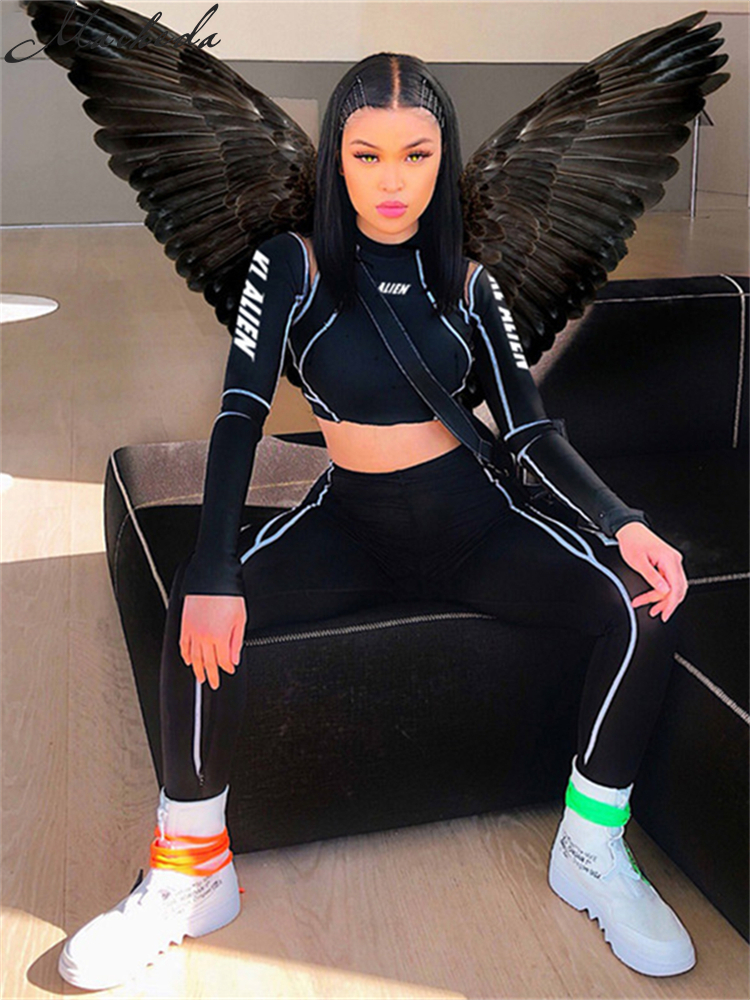 Macheda Sexy T Shirt Women O Neck Long Sleeve Mesh Patchwork Casual Slim Crop Tops Letter Printing Skinny Short Top 220714