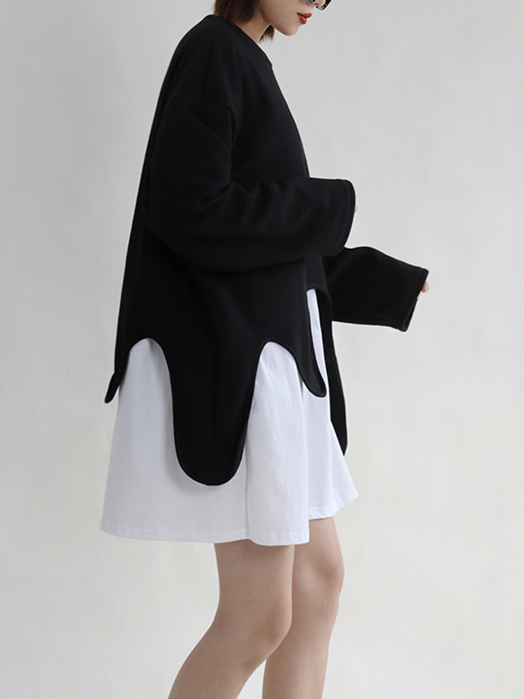Women's Hoodies Sweatshirts EAM Loose Fit black irregular Sweatshirt Round Neck Long Sleeve Women Big Size Fashion Spring Autumn 2023 1DF0420 230