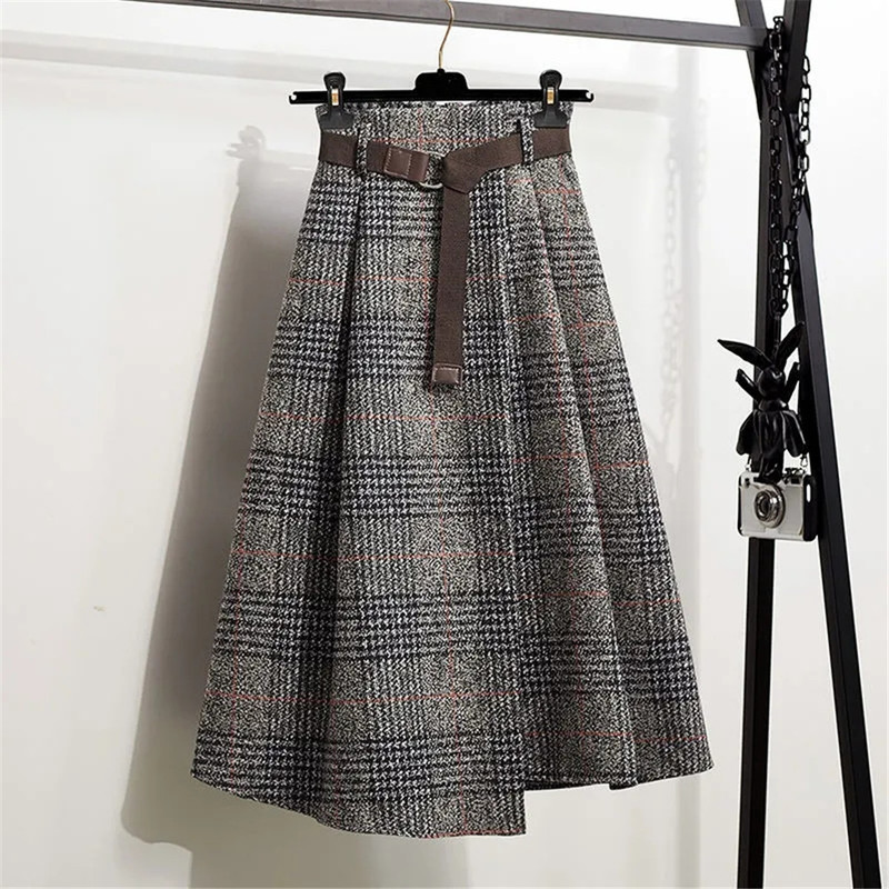  Autumn Women Plaid Irregular Wool Midi Skirts Pleated Sashes England Style Vintage Warm A-Line Long Skirt Faldas Mujer Moda 220317