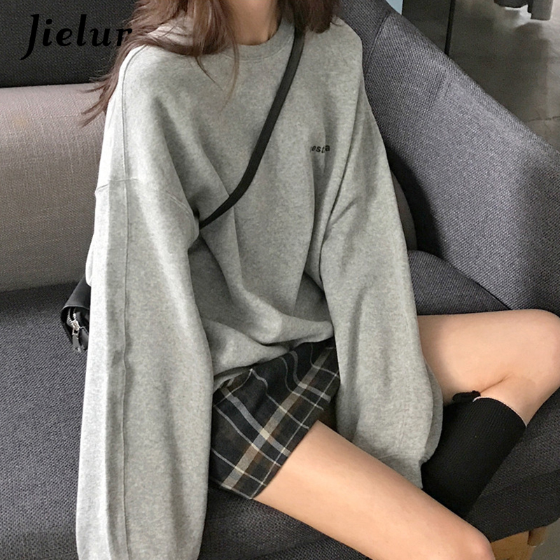 Jielur Kpop Letter Hoody Fashion Korean Thin Chic Women's Sweatshirts Cool Navy Blue Gray Hoodies for Women M-XXL 220817