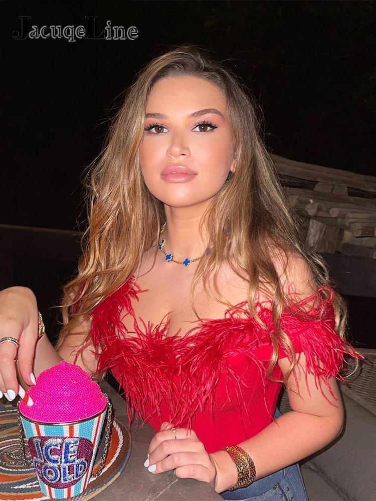 JacuqeLine Sexy Off Shoulder Y2K Feathers Corset Top Women Summer Sleeveless Elegant Lady Camis Tube Crop Club Party 220316