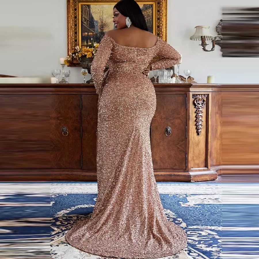 Elegant Rose Pink Sequined Long Sleeves Evening Dress