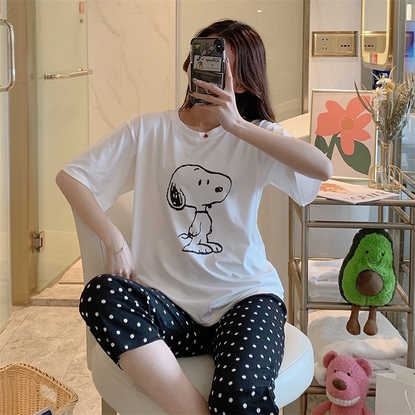 2020 Summer Short Sleeve Knee Length Pajama Sets for Women Cute Cartoon Sleepwear Suit Pyjama Homewear Pijama Mujer Home Clothes T200429