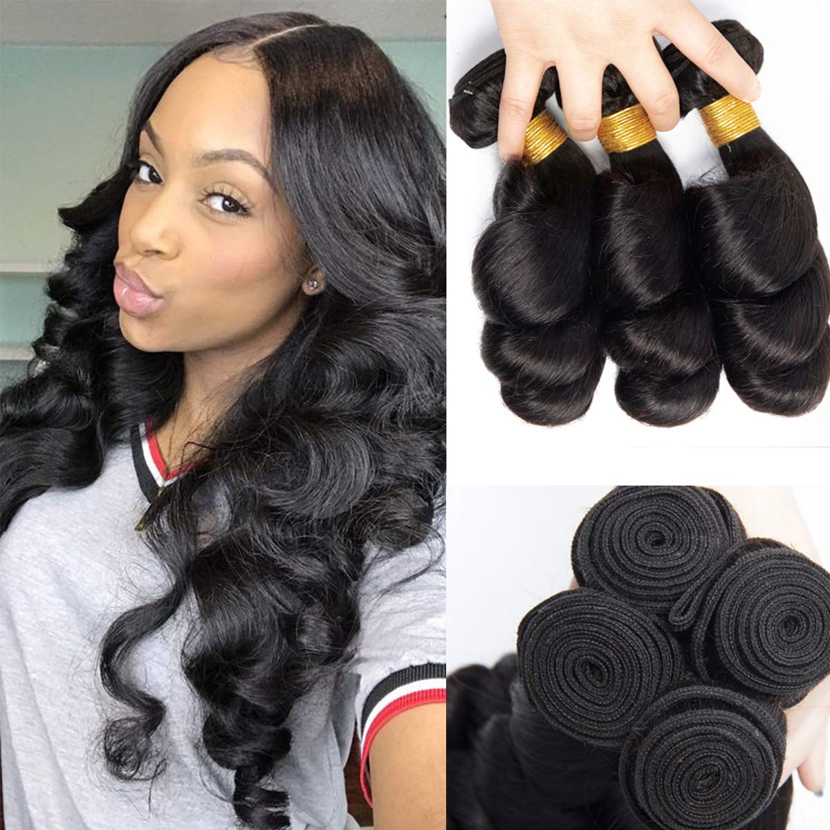 

9A Loose Wave Curl Peruvian Human Hair 3 or 4 Bundles Full Head 100% Virgin Remy Hair Extensions Durable Weft Weaving Natural Black BellaHair, Natural color