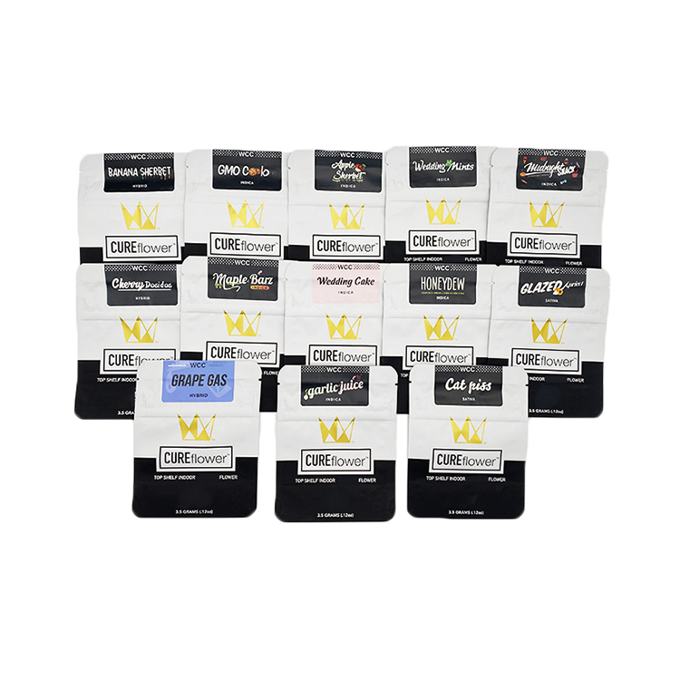 3.5 g empty matte mylar bag White Black WCC Cure flower stand up child proof zipper edible plastic package bags
3.5 g empty matte mylar bag White Black WCC Cure flower stand up child proof zipper edible plastic package bags