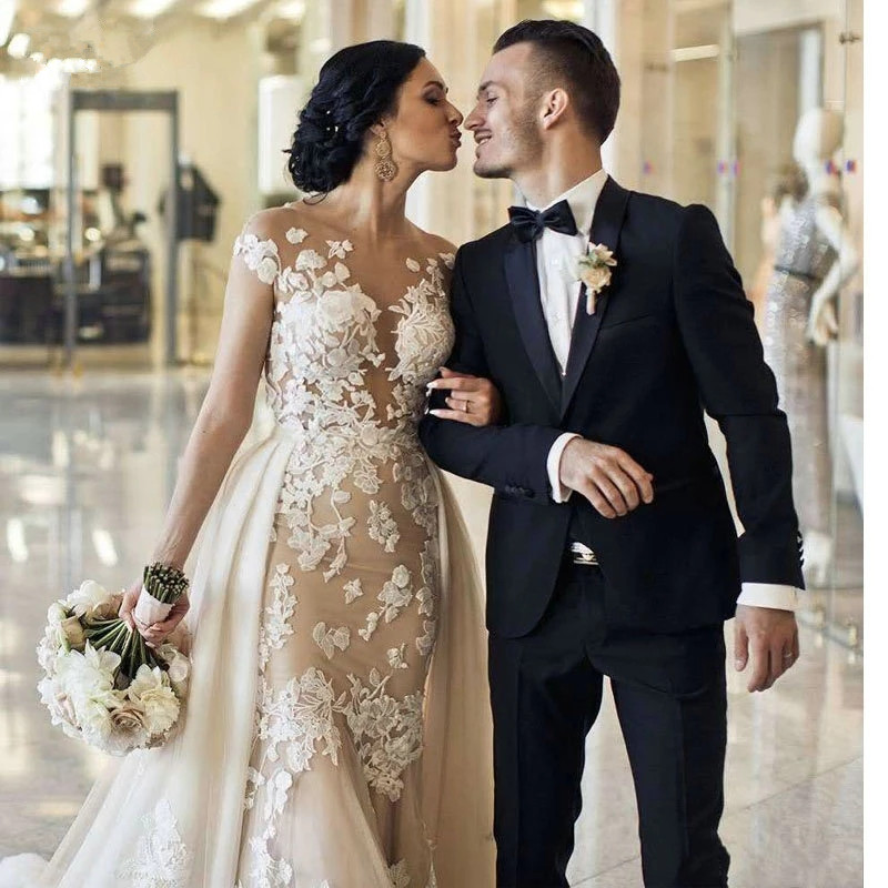 Elegant Detachable Train Lace Mermaid Wedding Dress Sexy Backless Appliques Short Sleeve Champagne Wedding Dresses
